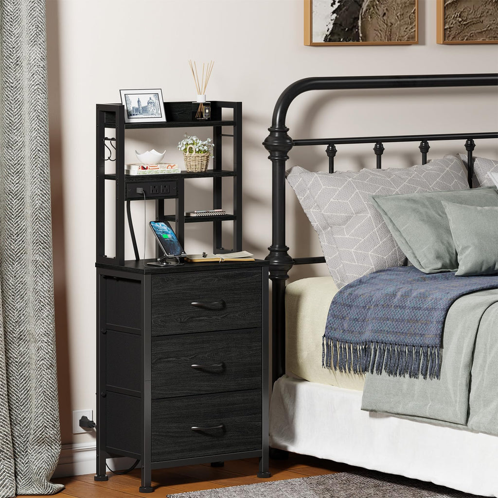 Black Nightstand with Bookshelf, Tall Bedside Table & Night Stand