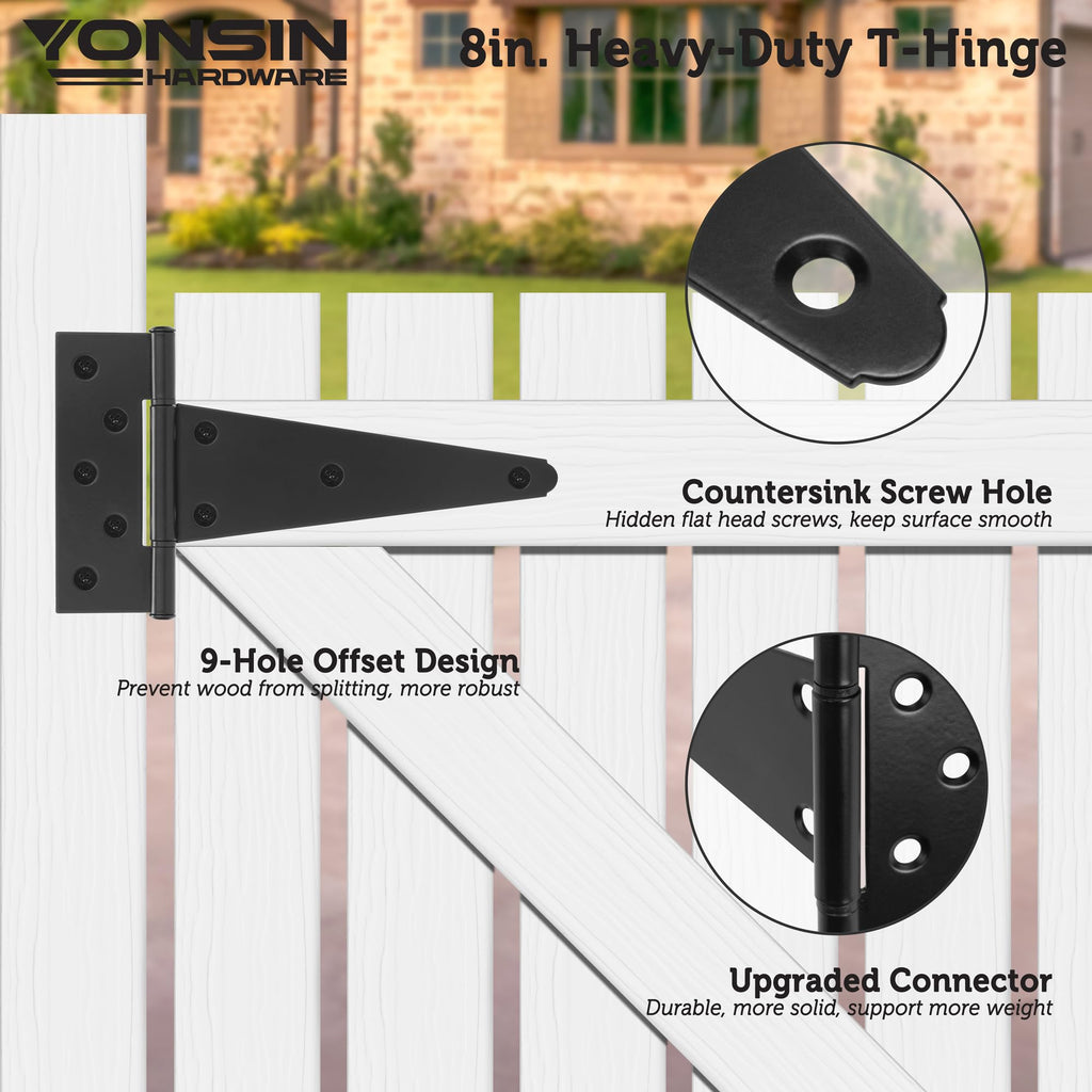 8" T-Strap Shed Door Hinges 4Pcs Switch Silently, Heavy Duty Black Tee Hings for Wooden Fence Gate, Outdoor T Hinges