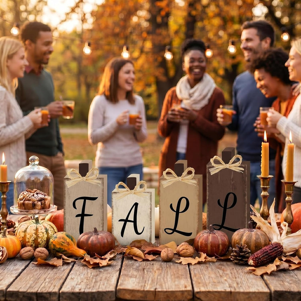 Fall Decorations Thanksgiving Neutral Brown Wooden Signs - Set of 4