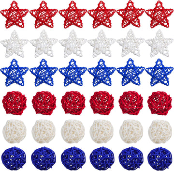 4th of July Rattan Balls Decorations, 2 Inch Star Shaped Wicker Balls & Red White and Blue Wicker Balls - Set of 36