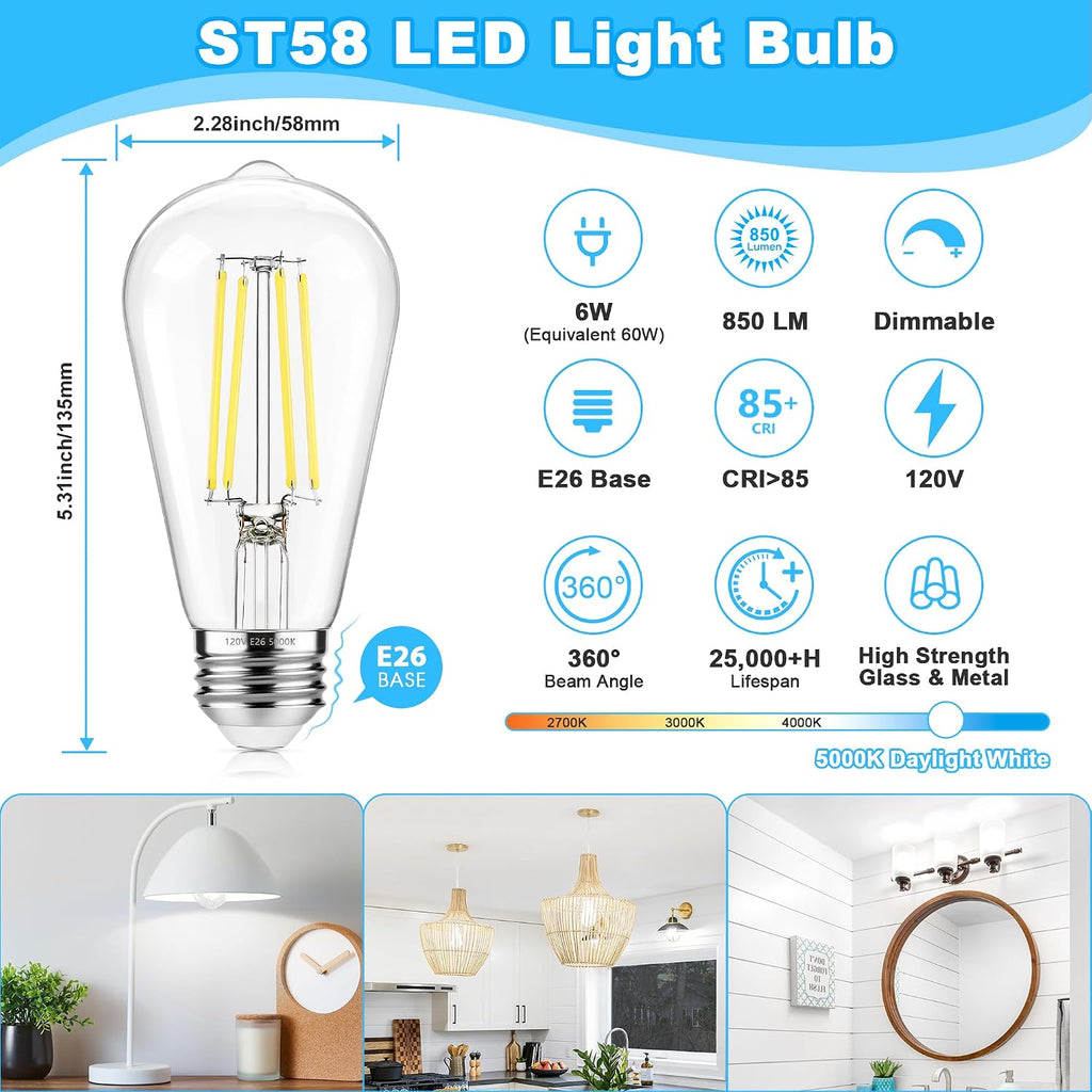 Dimmable Vintage LED Edison Bulb 5000K Daylight White 60W Equivalent