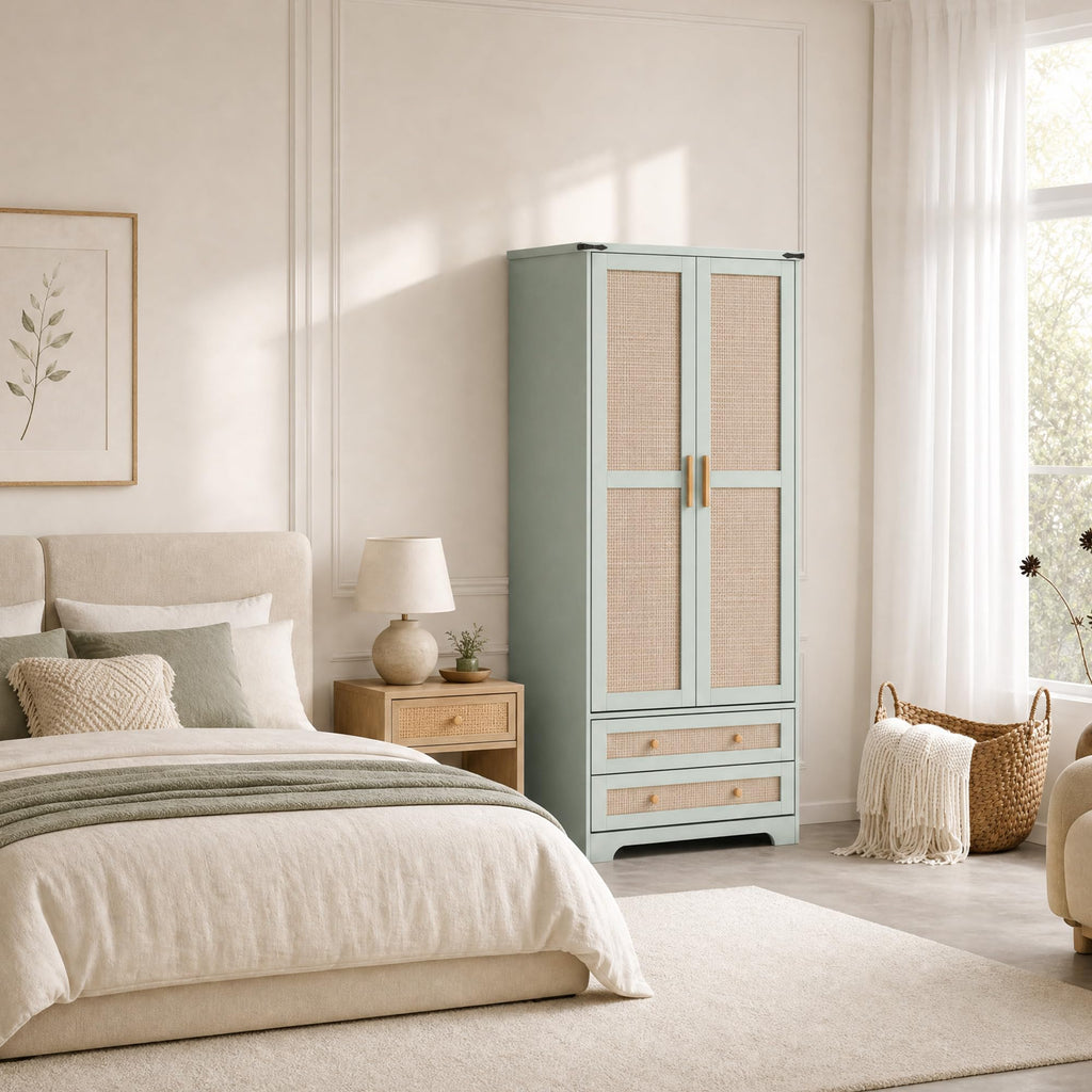 2 Doors Wooden Armoire Wardrobe Closet with 2 Drawers, Mint