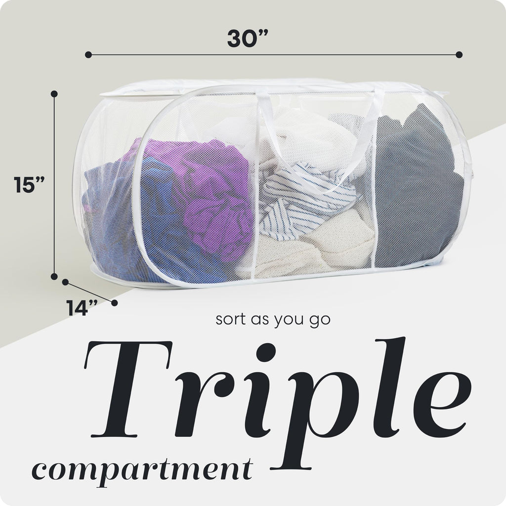 Collapsible Laundry Basket, 3-Compartment Mesh Laundry Sorter, Foldable Pop Up Hamper with Handles, Space-Saving