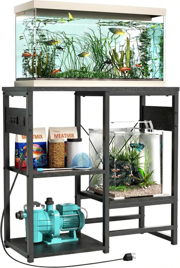 20-30 Gallon Fish Tank Stand with Power Outlets, 4 Tier Metal Aquarium Stand with Wood Storage Shelves, 30.7" L x