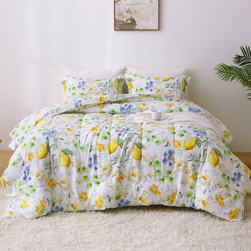 Floral Comforter Sets, Lemon Blossoms Patterned Bed in a Bag for All Seasons, 3-Piece Farmhouse Rustic