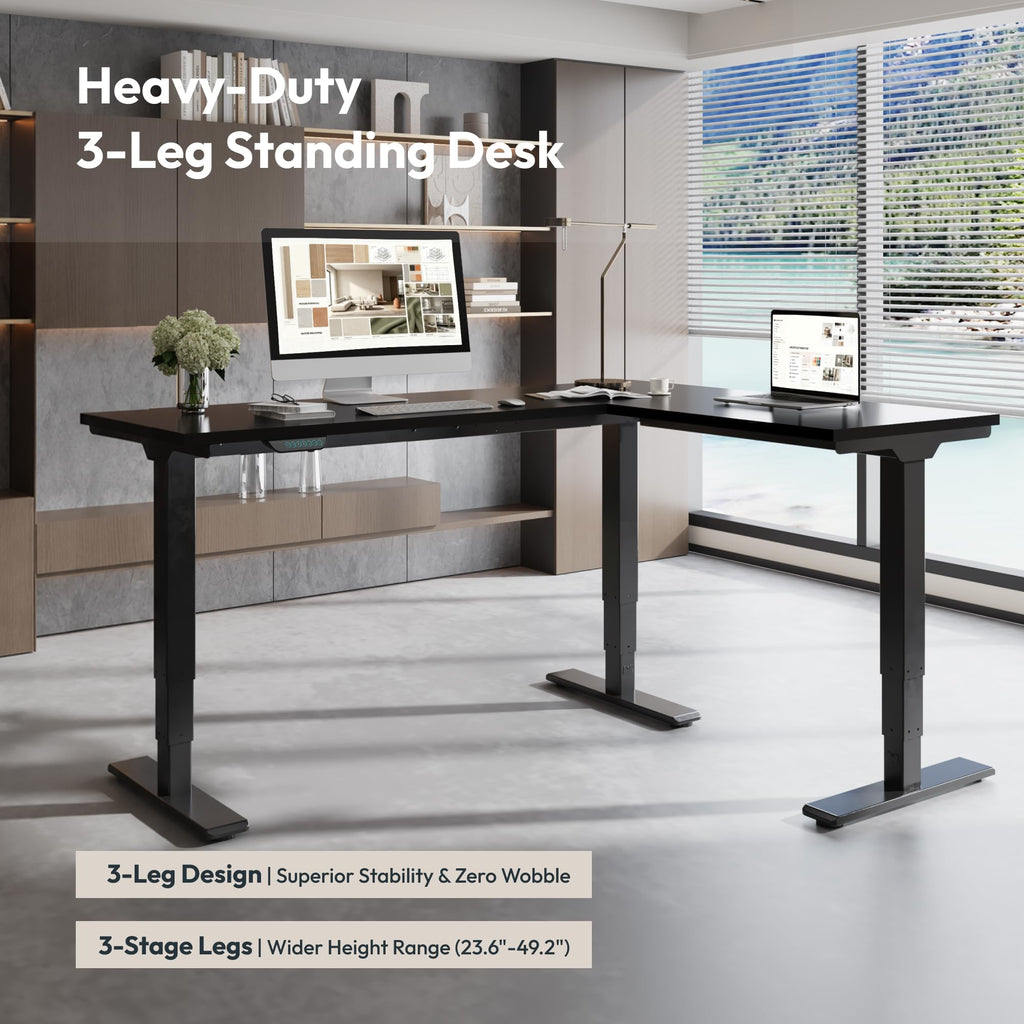 Triple Motor L-Shaped Standing Desk, 330 lbs, 63" x 47", Black