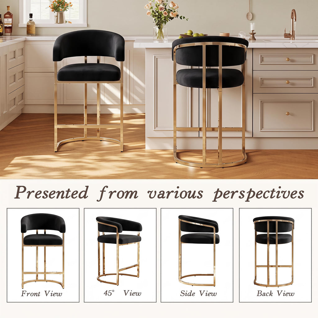 Modern Counter Height Bar Stools, Bar Stools Set of 4, Velvet Upholstered Barrel Barstools with Backs, 26" Kitchen