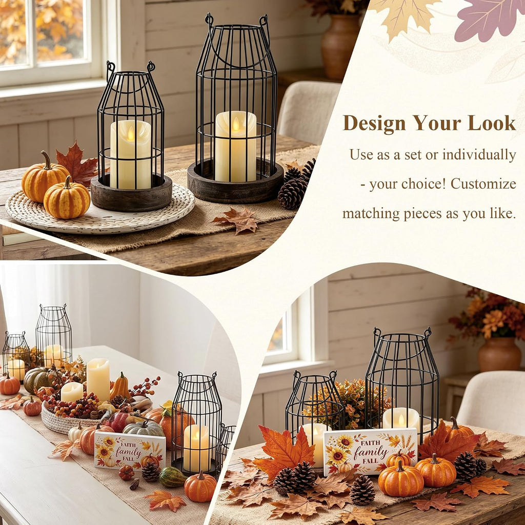 Rustic Farmhouse Lanterns Set Fall Decor for Dining Table Centerpieces | Set of 9 Artificial Maple Leaves, Autumn