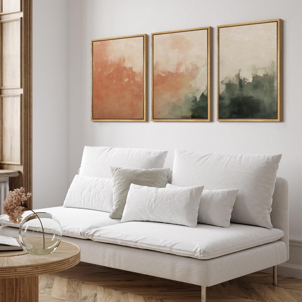 Framed Canvas Print Wall Art Set Sunset Mist Abstract Coral and Green Illustrations Modern Art Relax/Calm - 16"x24"x3