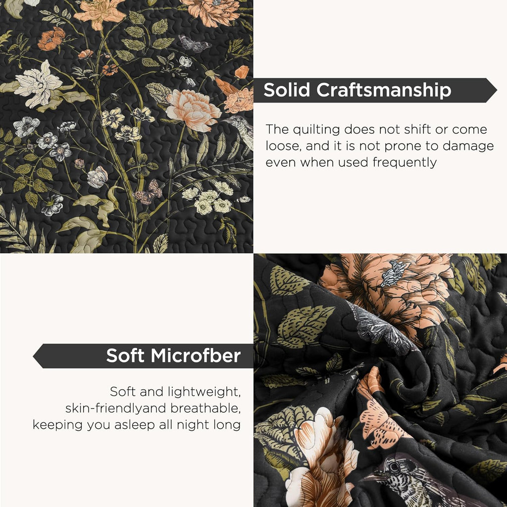 Floral Black Quilt Queen - 3 Pieces Botanical Birds Pattern Quilt Bedding, Lightweight Soft Coverlet for All Seasons