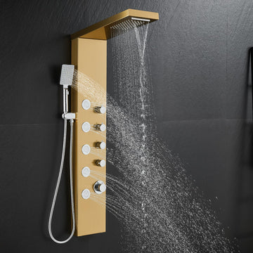Shower Panel Tower System with Rainfall & Waterfall Shower, 5 Body Jets, 3-Function Handheld, 304 Stainless Steel