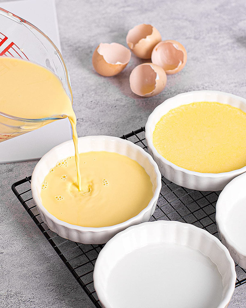 8 Oz Creme Brulee, Porcelain Oven Safe, Round Tart Pan Mini Fluted Quiche Dishes, Set of 6, White