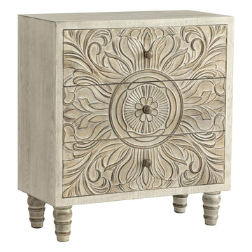 3-Drawer Bedroom Dresser with Carved Floral Front, Distressed Weathered White Finish - Rustic, Boho, French Country