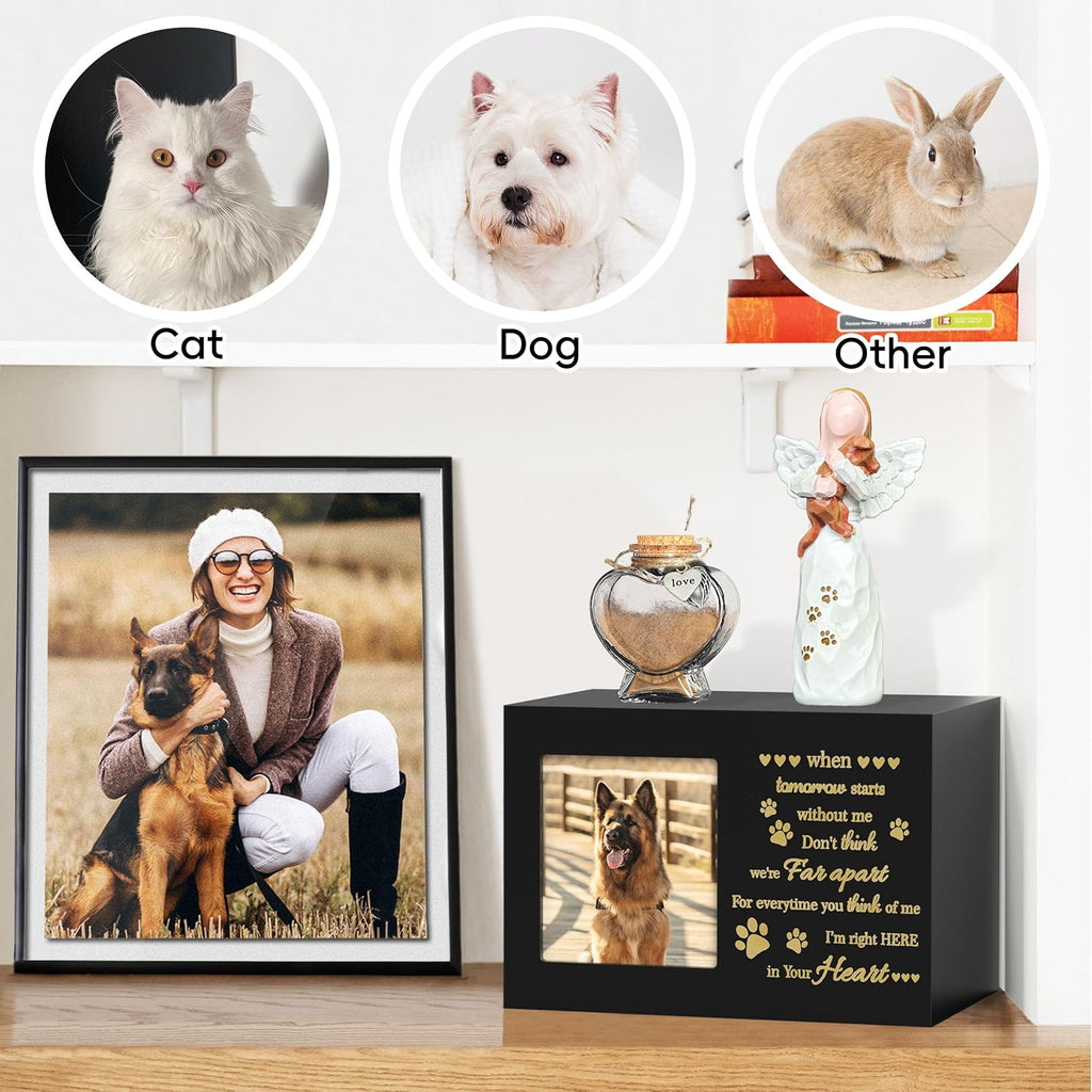 Pet Memorial Urn with Photo Frame, 110 Cubic Inches Wooden Pet Cremation Urn for Dogs & Cats, Sympathy Gift Set
