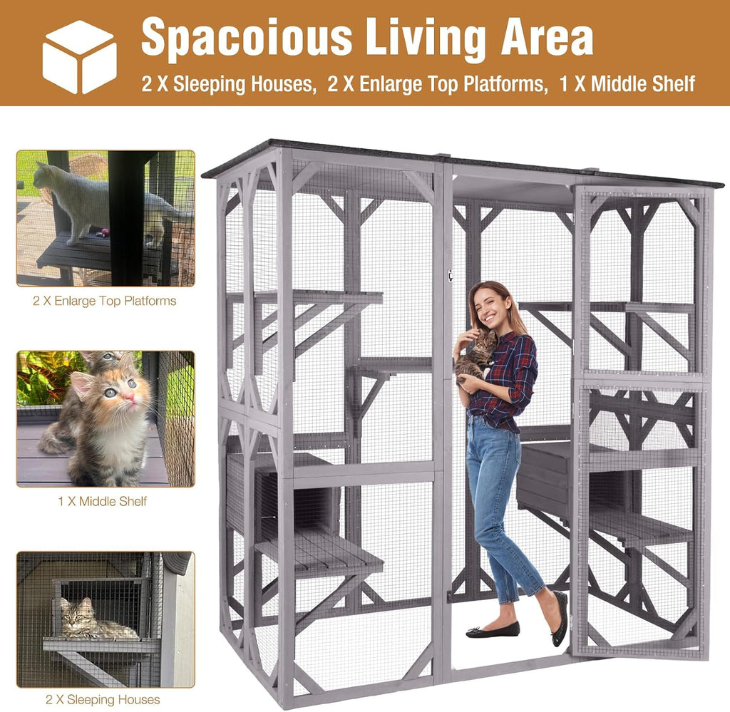 Large Catio Outdoor Cat Enclosure, 5-Tier Cat Playpen with Window Access, Extra Large, Grey