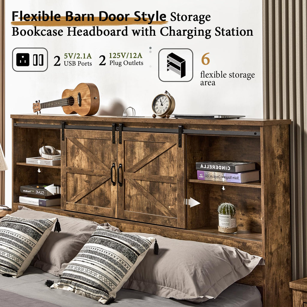 Bed Frame, Wooden Platform Storage Bed with 51.2" Bookcase Headboard, 2 Drawers, Charging Station/No Box