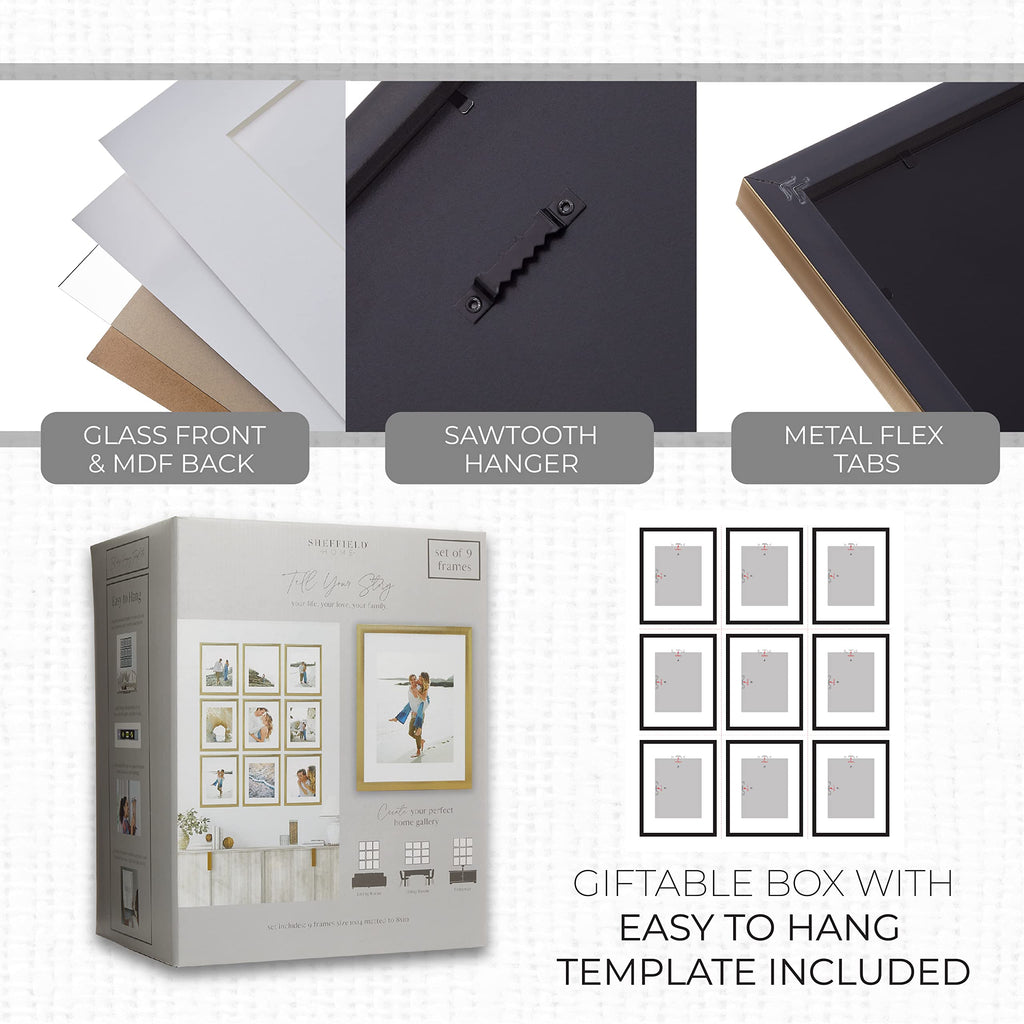 9 Piece Gallery Wall Frame Set, 11x14 Inch, Gold