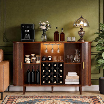 55" Wine Bar Cabinet with Storage, Fluted Liquor & Coffee Bar Cabinet with Wine Rack and Glass Holder, Buffet