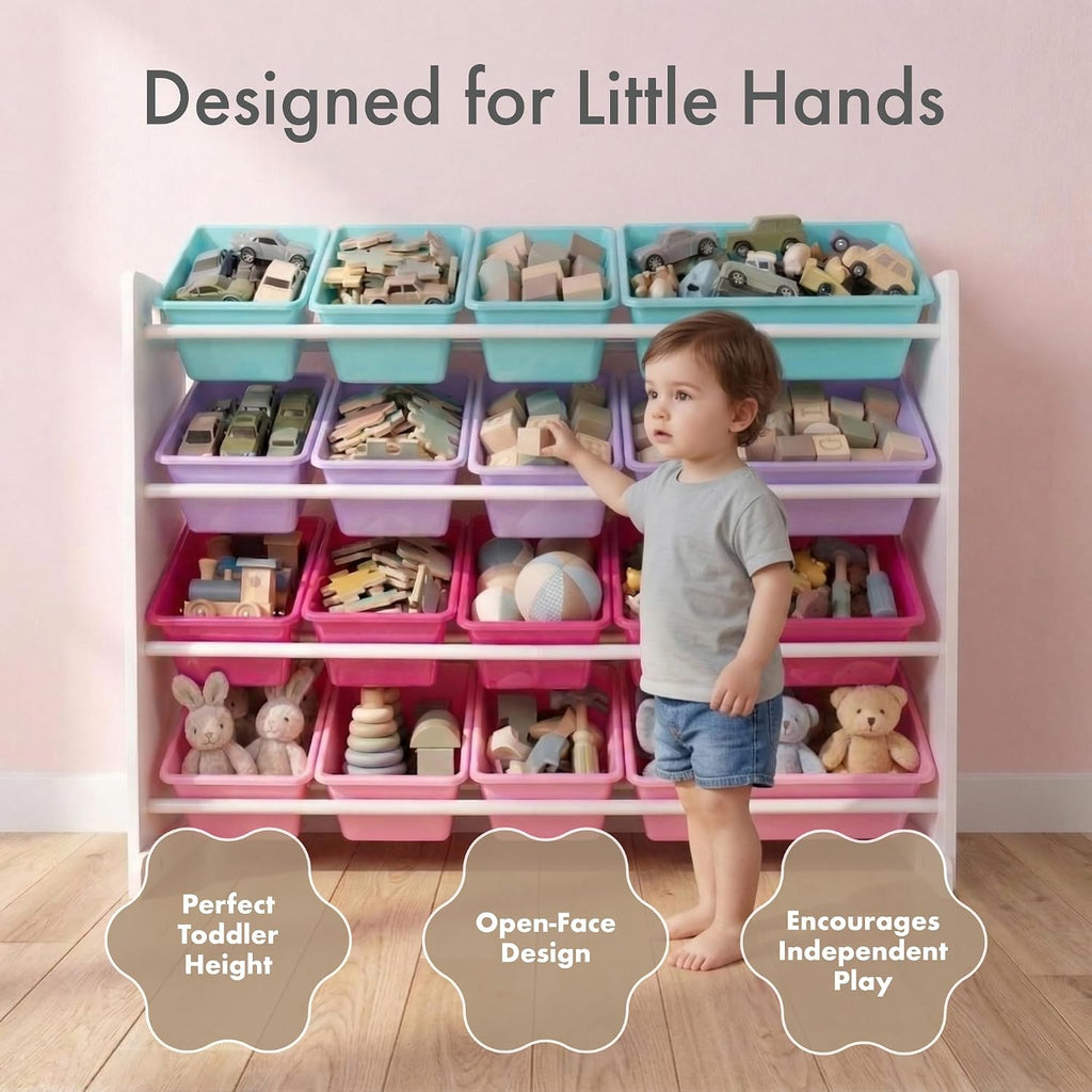 Kids Toy Organizer with 16 Bins, 4 Tier Storage | Sturdy wood and steel toddler shelf, removable BPA-free containers