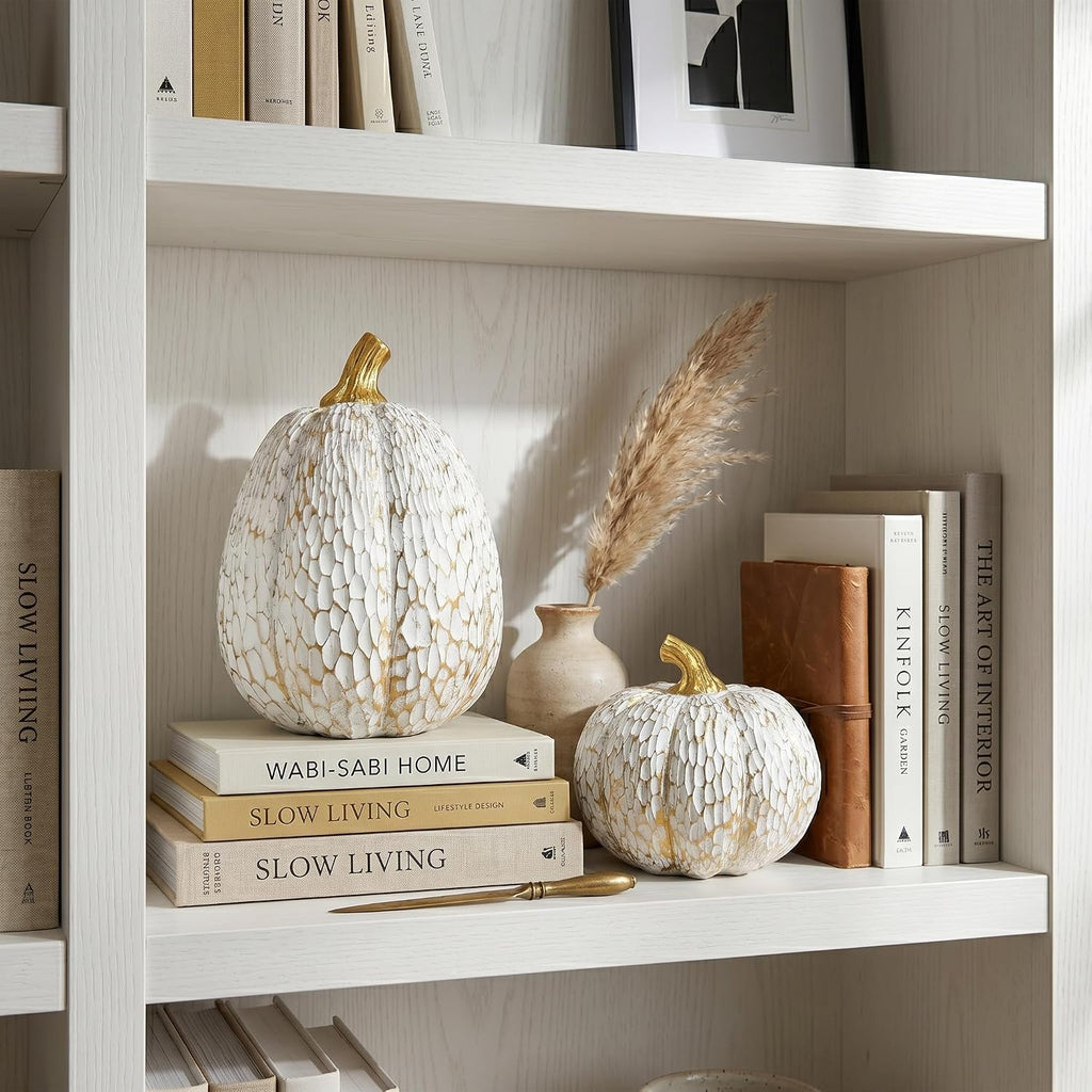 White and Gold Fall Pumpkin Decor, Small Decorative Thanksgiving Pumpkins - Set of 2