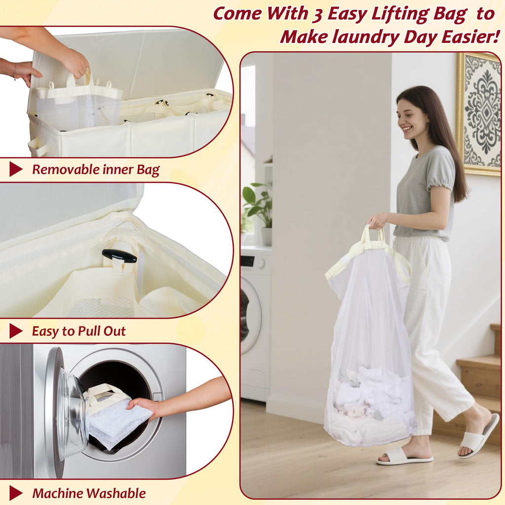 135L Laundry Hamper 2 Section, Large Laundry Hamper with Lid, Dirty Clothes Hamper with 2 Removable Inner Bags
