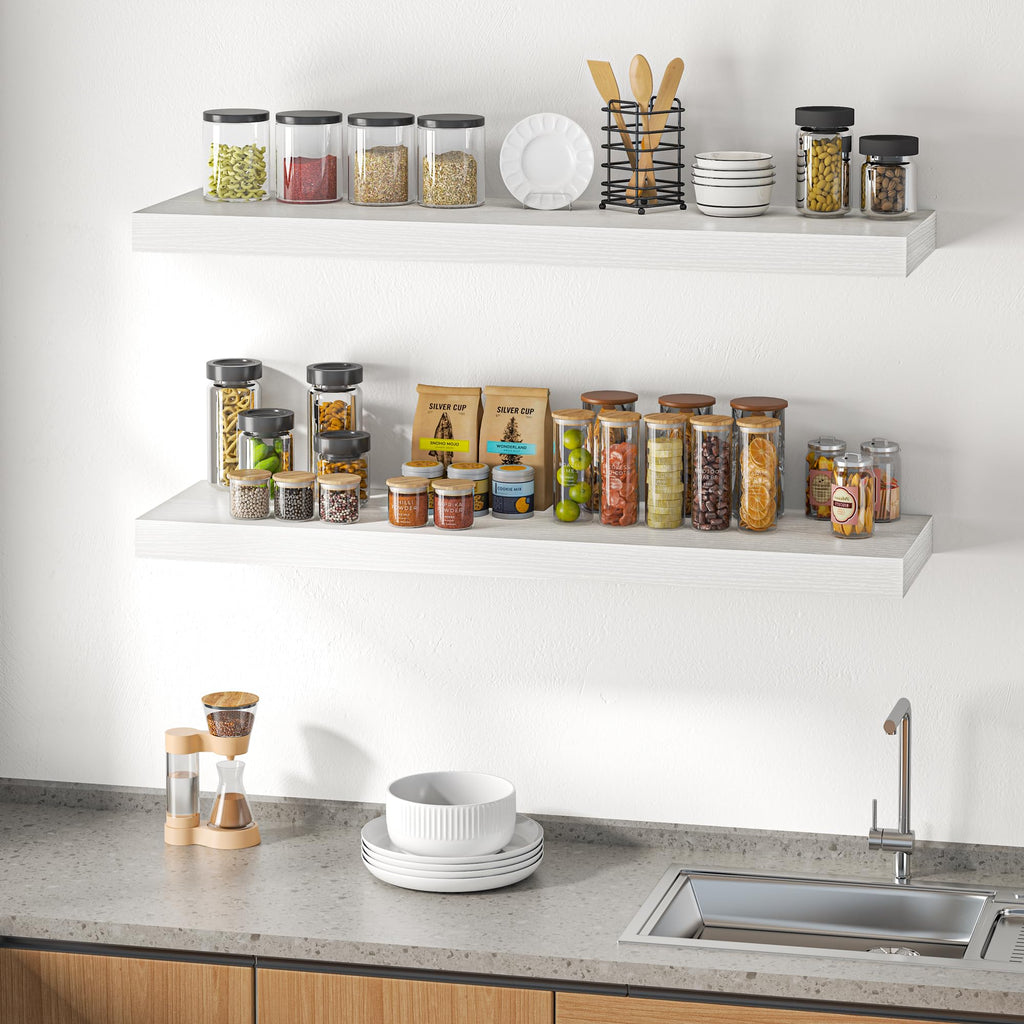 48" Floating Shelves for Wall, 12" Deep Thicker White Floating Shelves, Wall-Mounted Shelves - Set of 2