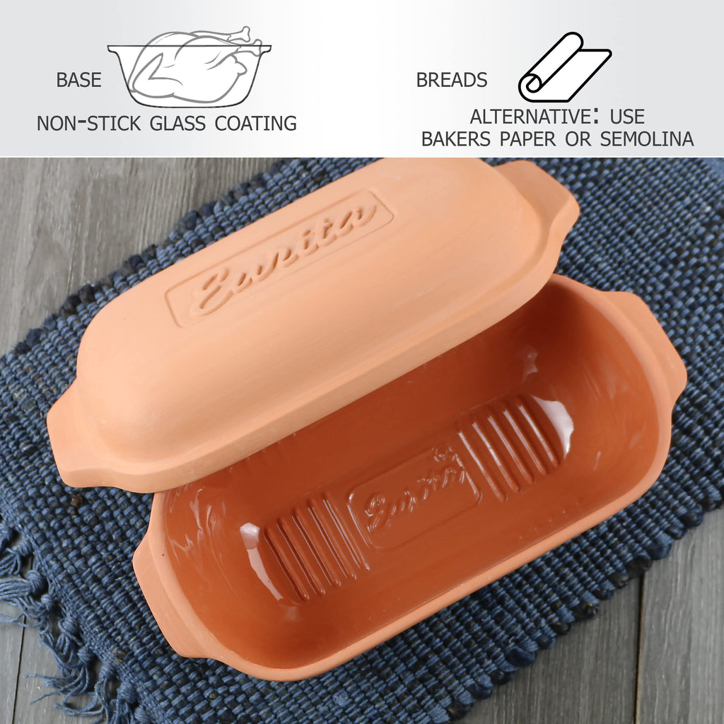 Eurita Clay Roaster, Non-Stick Bread Pan & Lid, Healthy Clay Pot Cooking, With Free Recipe Guide, 2 Quarts
