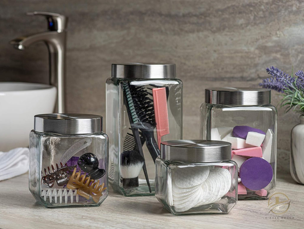 Square Glass Cookie Jars with Airtight Lids + Marker & Labels, Canister Sets Counter or Bathroom - Food Storage - Set of 4