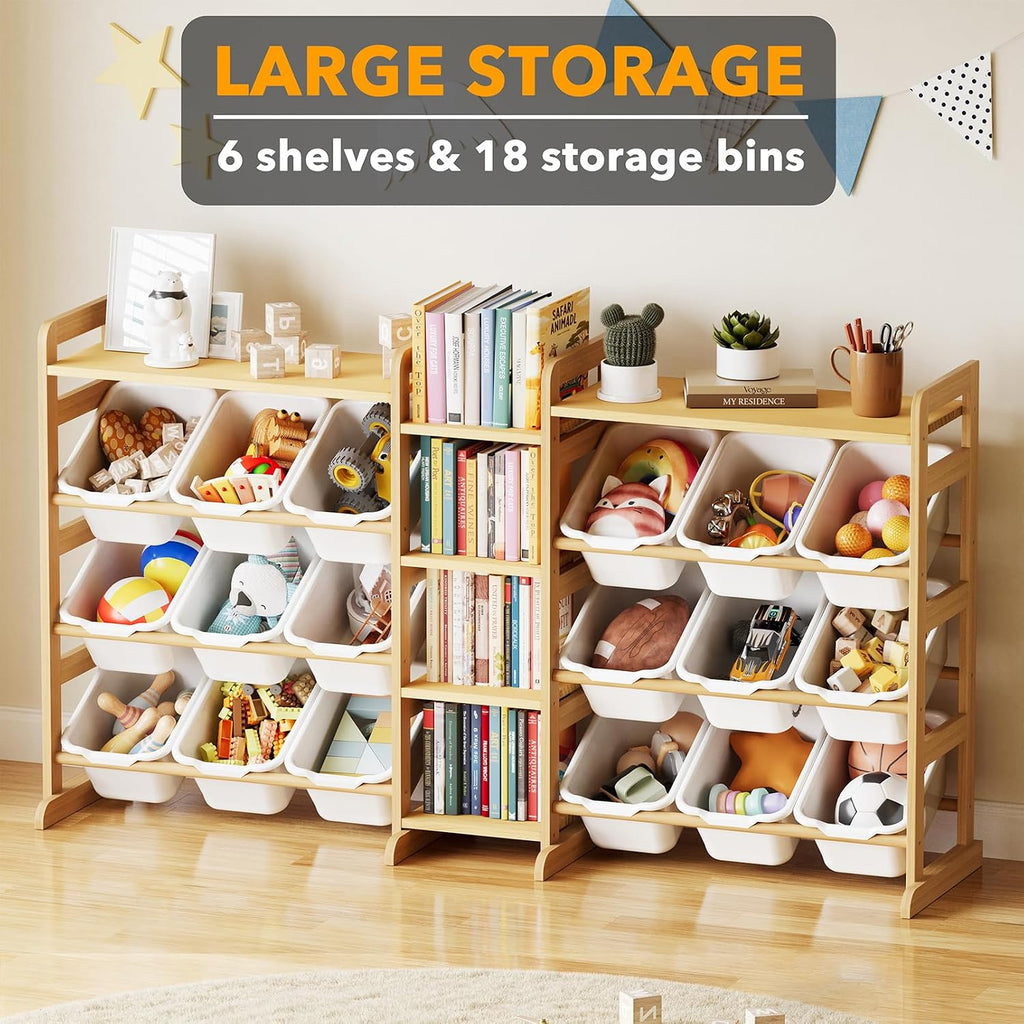Large Toy Storage Organizer with 6 Shelves and 18 Bins, Book Shelf Organizers Storage Bookshelf, Kids Bin Shelf Box