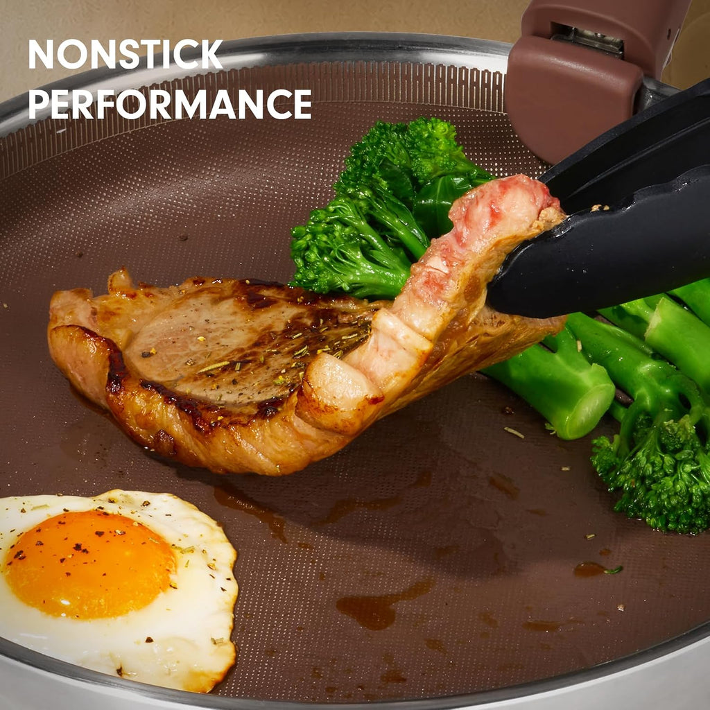 22pcs Hybrid Nonstick Pots and Pans Set, Stainless Steel Cookware Set with Honeycomb Titanium Interior, Induction