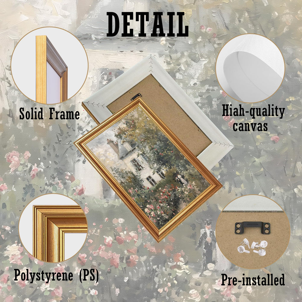 Impressionist Framed Canvas Wall Art House in Garden 12x16 inches