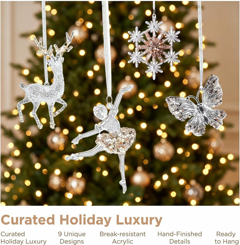 10pc Champagne Silver Sequin Xmas Ornaments Holiday Wedding Decor