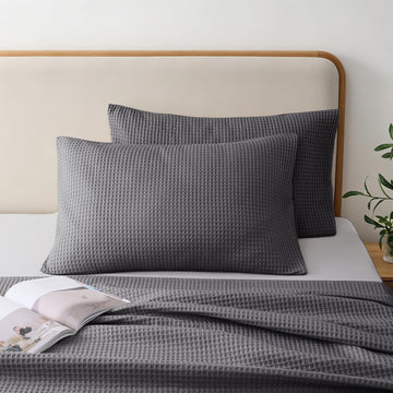 100% Cotton Waffle Pillow Shams Queen Size Set of 2, Dark Grey, 20" x 30"