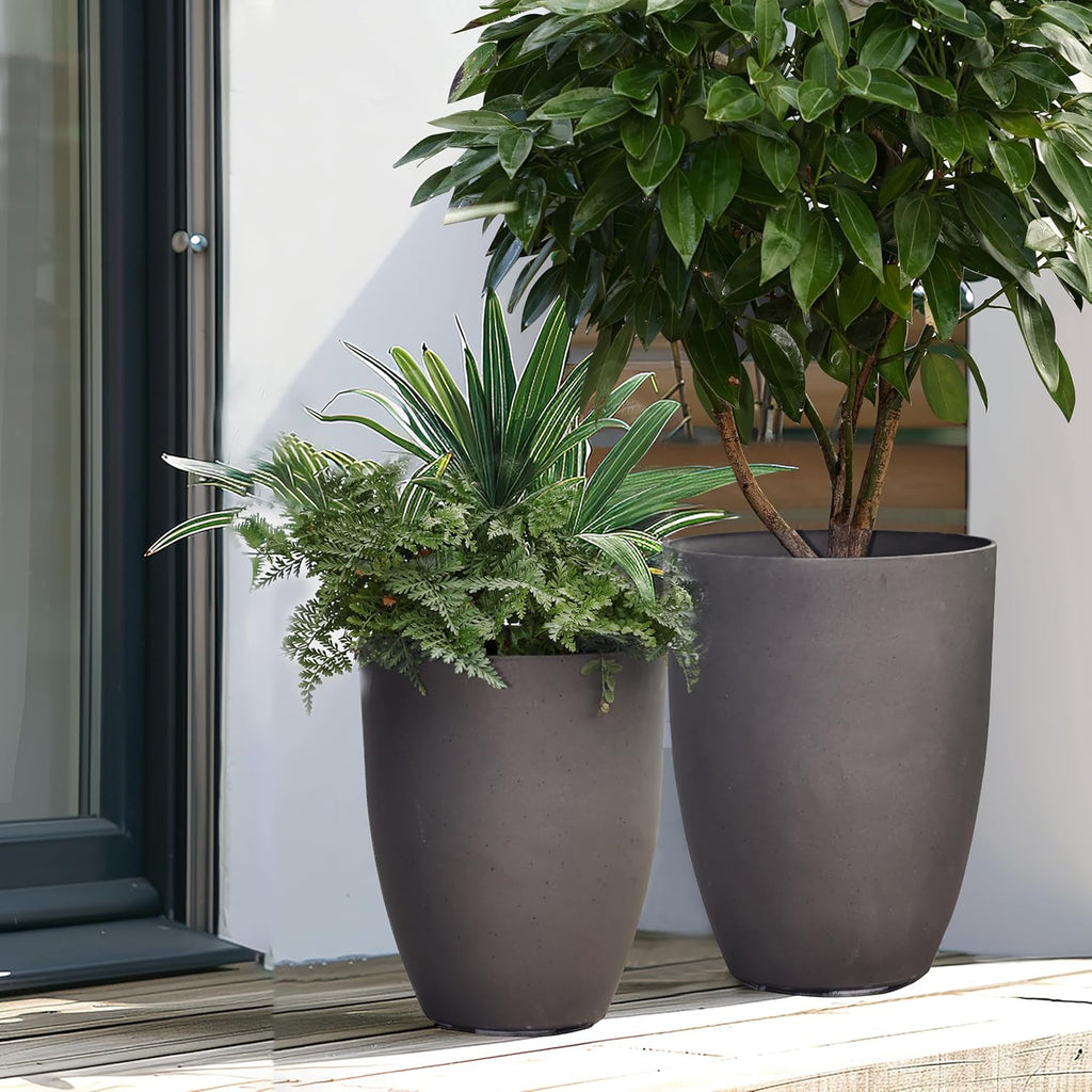 LuxenHome Set of 2 HDPE Tall Planters 16.5" & 13.5", Indoor Outdoor with Drainage Hole and Rubber Plug,Modern