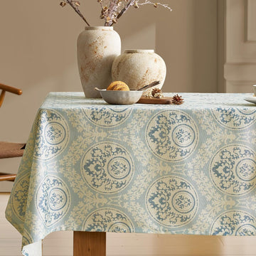 Vintage Blue Printed Tablecloths Rectangular: Floral Linen Farmhouse Table Cloth - Damask Patterned 