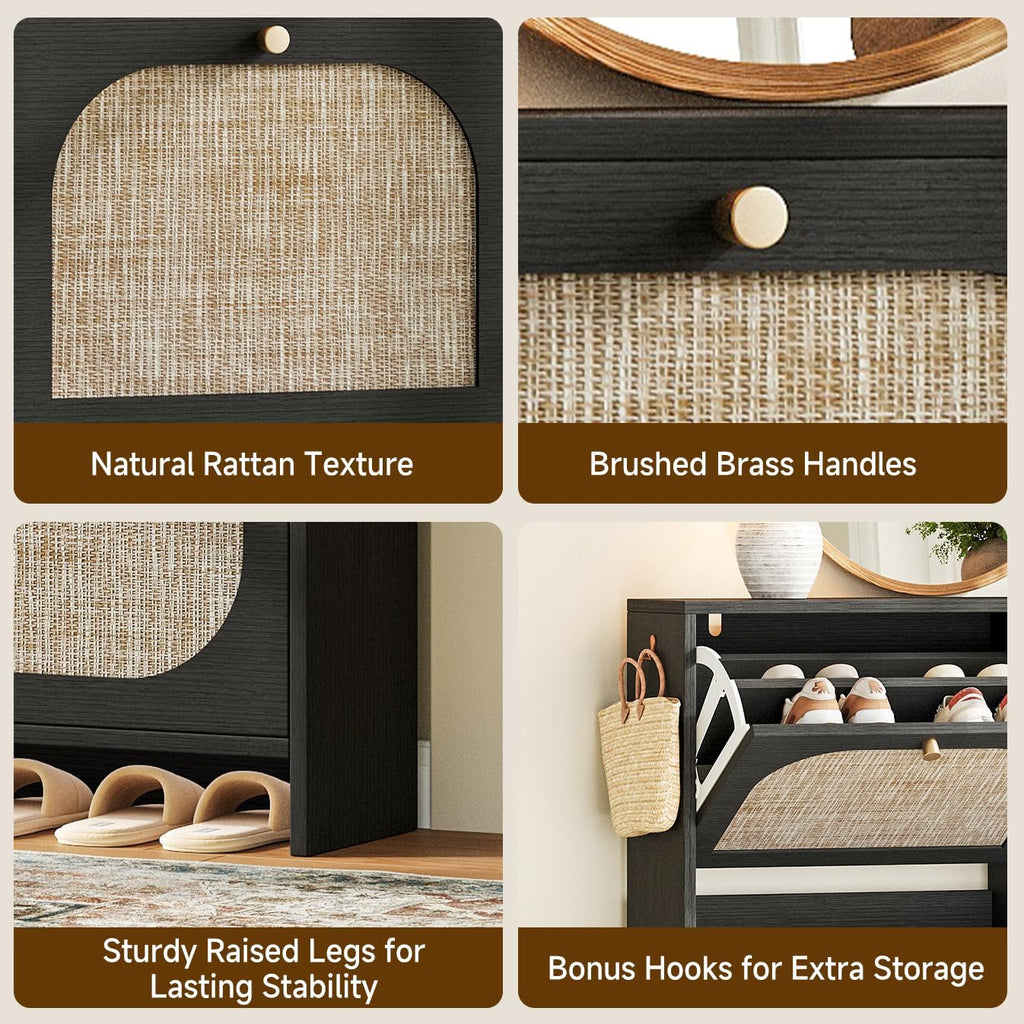 Shoe Storage Cabinet , Rattan Vintage Flip Shoe Rack- 4 Flip Drawers & 3-Tier Adjustable Shelves,Boho Shoe Organizer