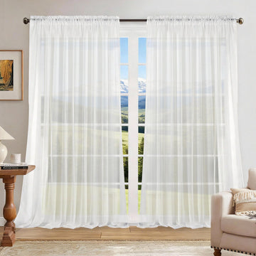 Rod Pocket Solid Sheer Curtains, White, 100" W x 84" L