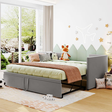 Twin Size Daybed, Upholstered Twin Daybed with Extendable Trundle, Twin Size Daybed Frame, Gray