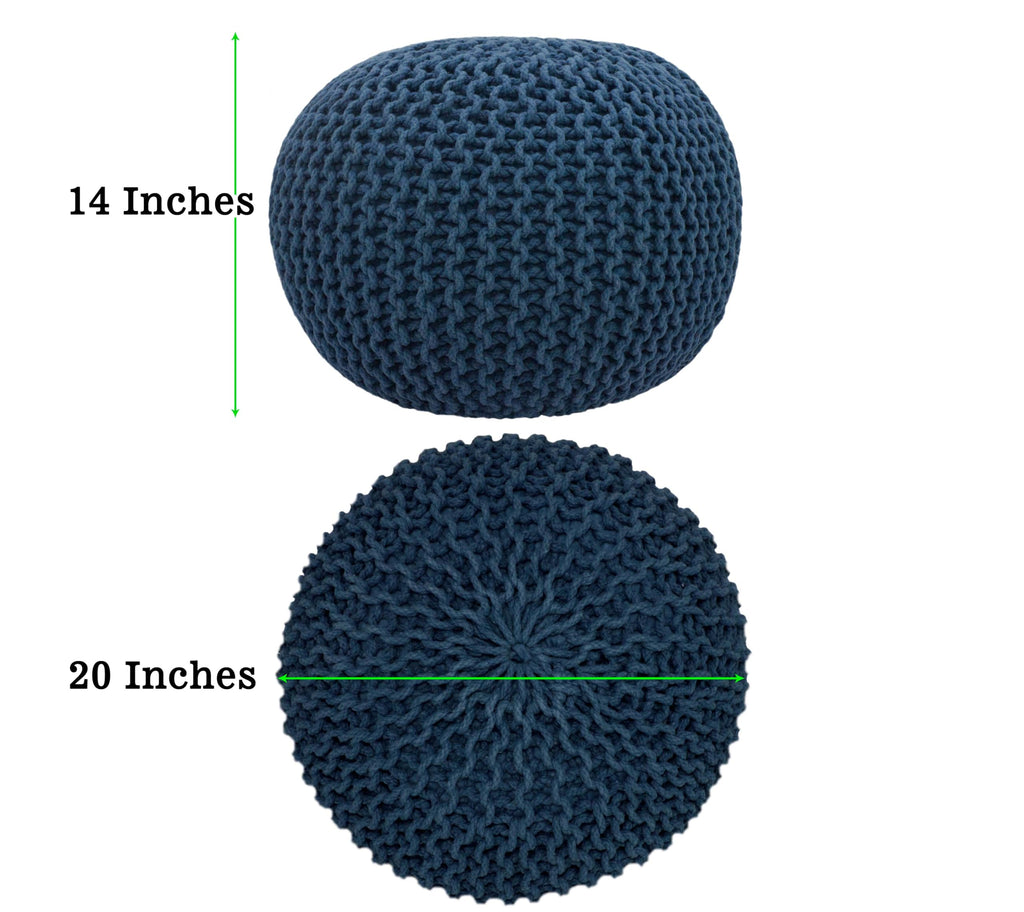 Round Blue Pouf - Hand Knitted Cotton Braid Cord Dori Ottoman
