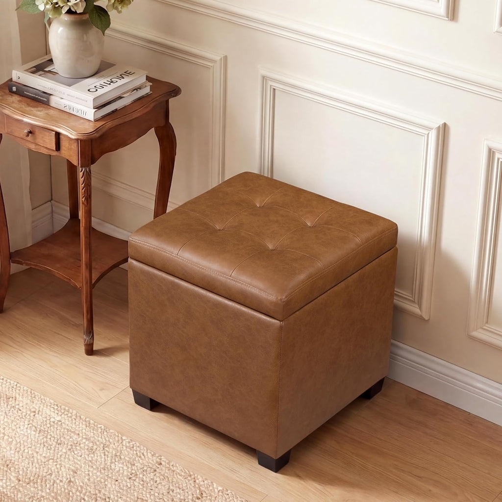 15 inch Square Storage Ottoman with Tray Lid,Modern Tufted Faux Leather Cube Coffee Table with Storage,Upholstered