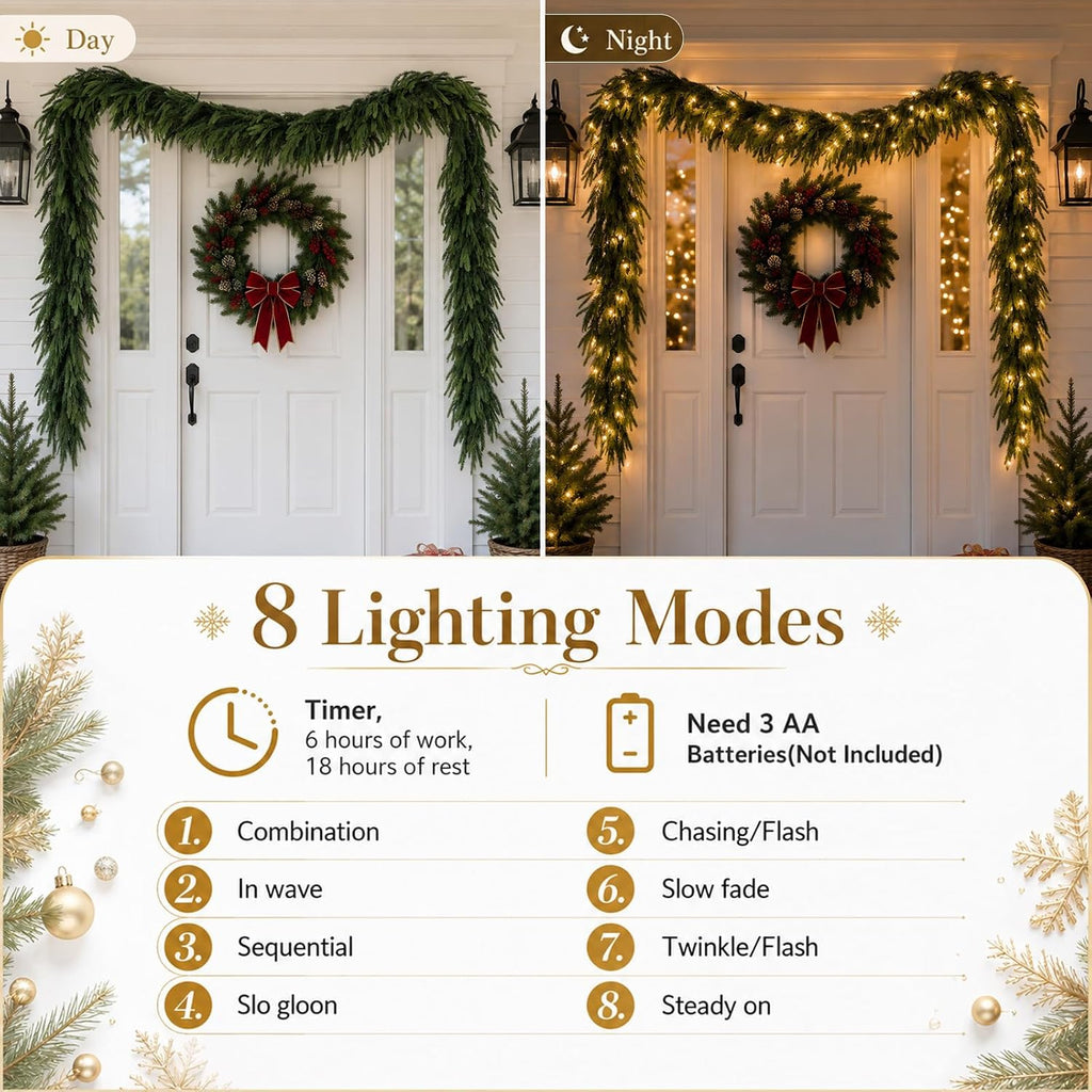 9FT Christmas Norfolk Pine Pre-Lit Garland with 70 LED Lights Real Touch Prelit Garland Christmas Greenery Garlands