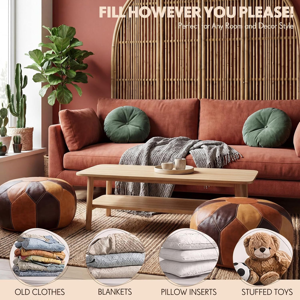 2 Pcs Unstuffed Moroccan Faux Leather Pouf Ottoman with Storage Round Boho Floor Pouf Foot Stool Decorative Ottoman