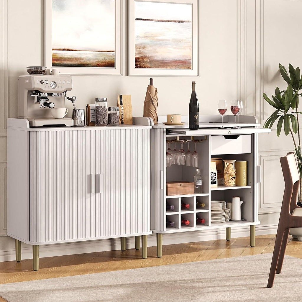 Fluted Bar Cabinet with Storgae, Wine Cabinet, 33" H, White | Coffee Bar Cabinet, Liquor Cabinet, with Charging