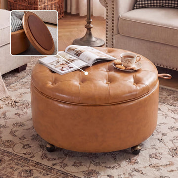 29" Large Round Storage Ottoman with Tray , Camel | Round Ottoman Coffee Table with Storage, Poofs/Ottomans Footrest