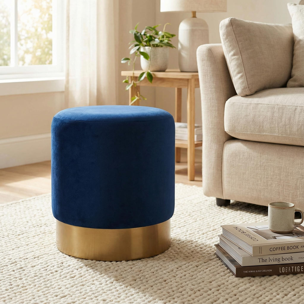 Sheppe Cylindrical Ottoman, 18", Blue Velvet With Gold Base
