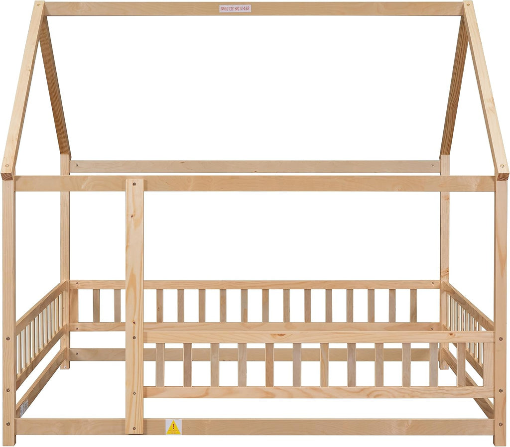 Toddler Floor Bed with Roof and Fence, Natural