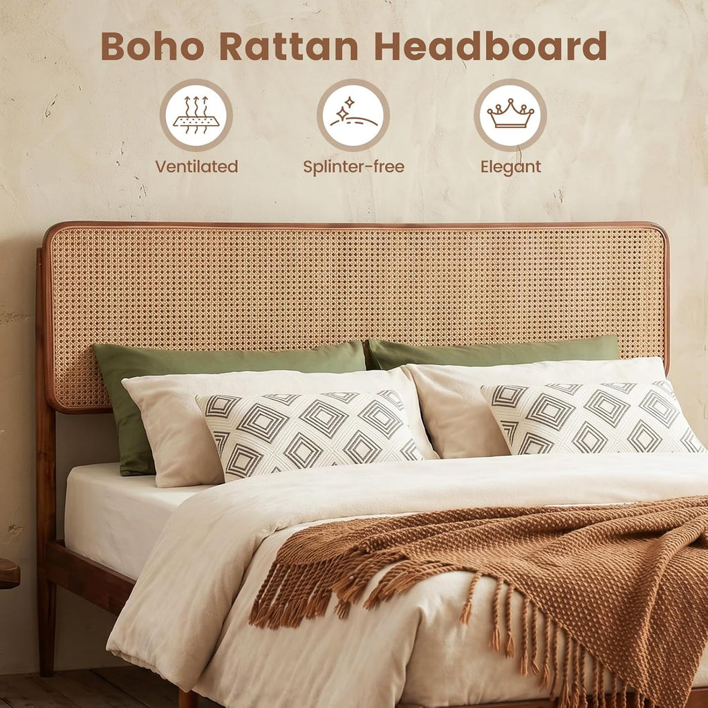 Rattan Queen Bed Frame, Boho Wood Platform Bed with Wicker Headboard, Wooden Mattress Foundation & Support Slats