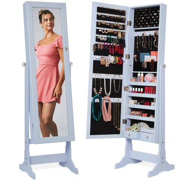 Freestanding Jewelry Armoire Cabinet, Full Length Standing Mirror, Lockable Makeup Storage Organizer, w/Velvet