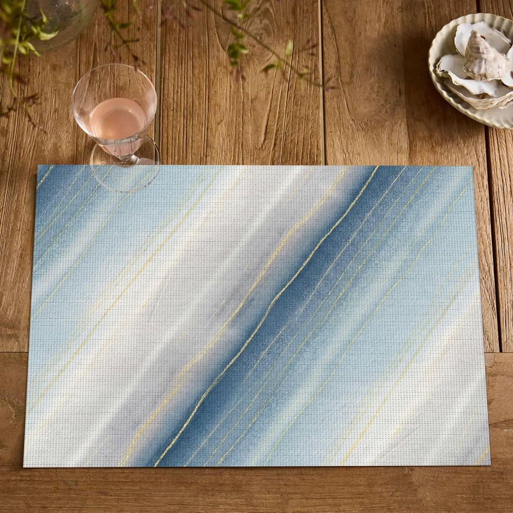 Boho Gradient Dusty Blue Vinyl Placemats, Heat Resistant Woven Plastic PVC Place Mats for Farmhouse Party - Set of 4