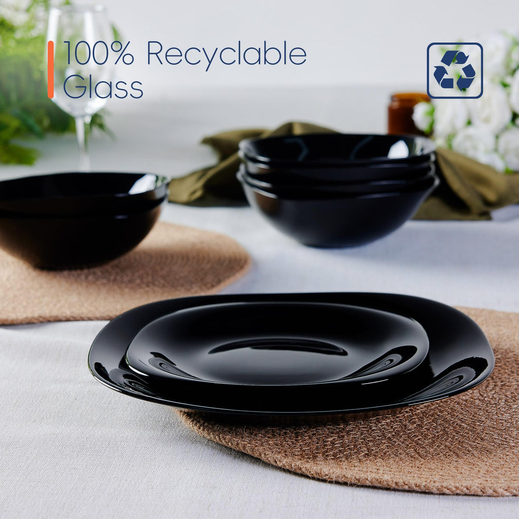 Square Dinnerware Sets for 4, 12 Piece Black Opal Glass Set